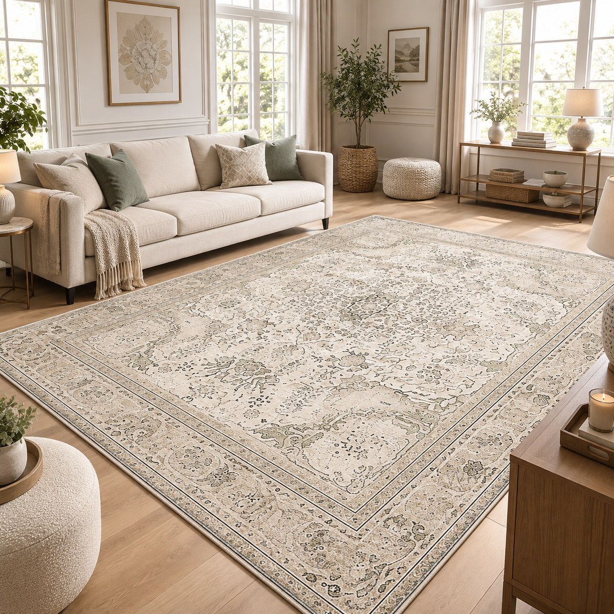 Tapis ÉLÉA — Tapis beige vintage à motifs floraux