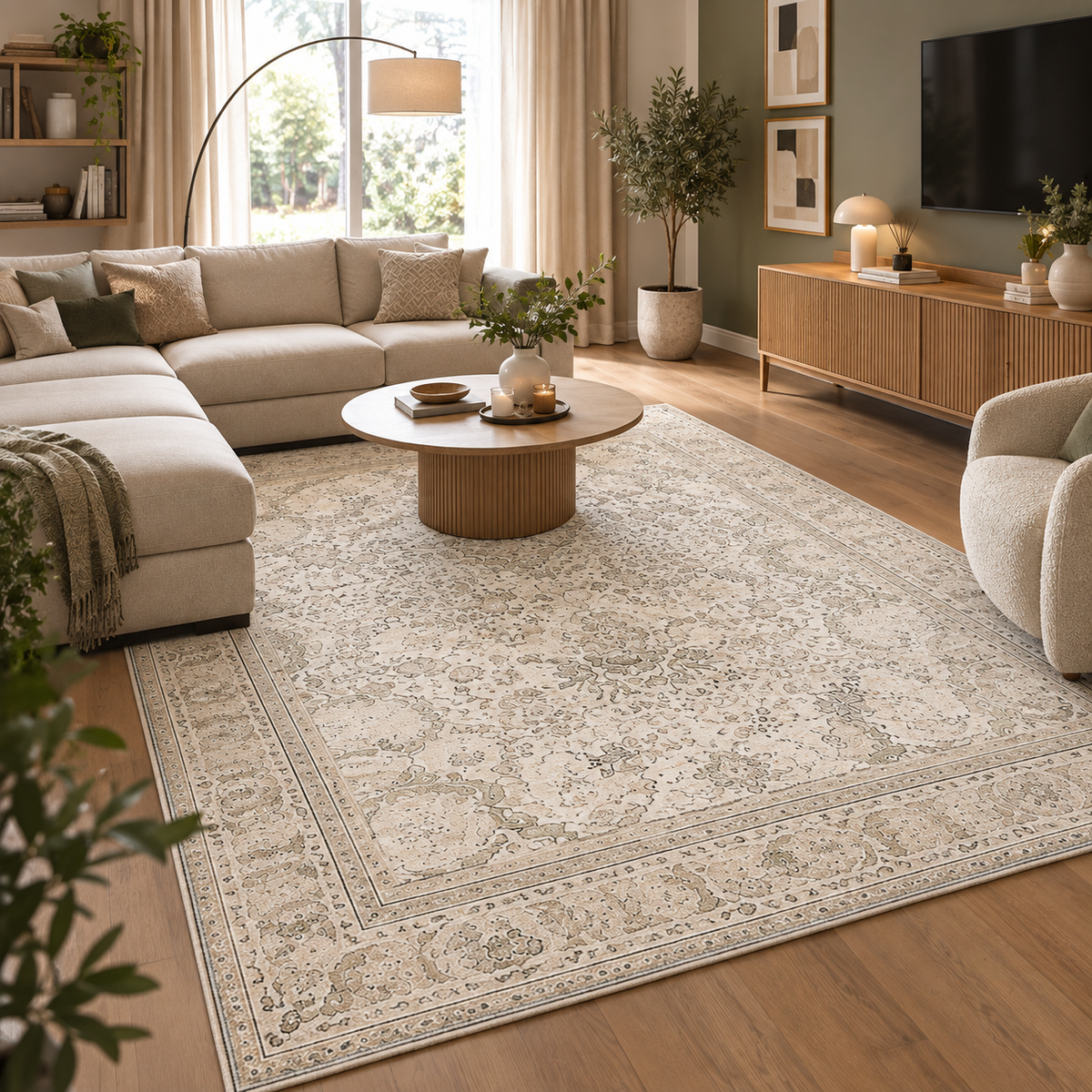 Tapis ÉLÉA — Tapis beige vintage à motifs floraux