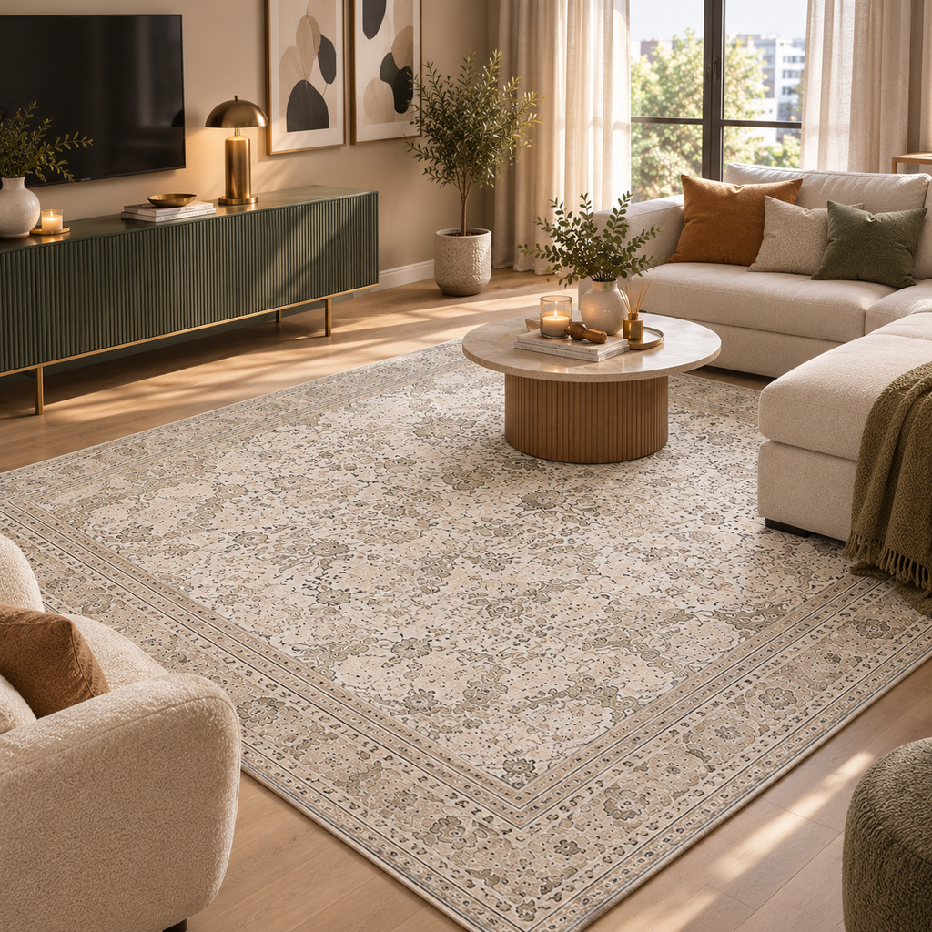 Tapis ÉLÉA — Tapis beige vintage à motifs floraux