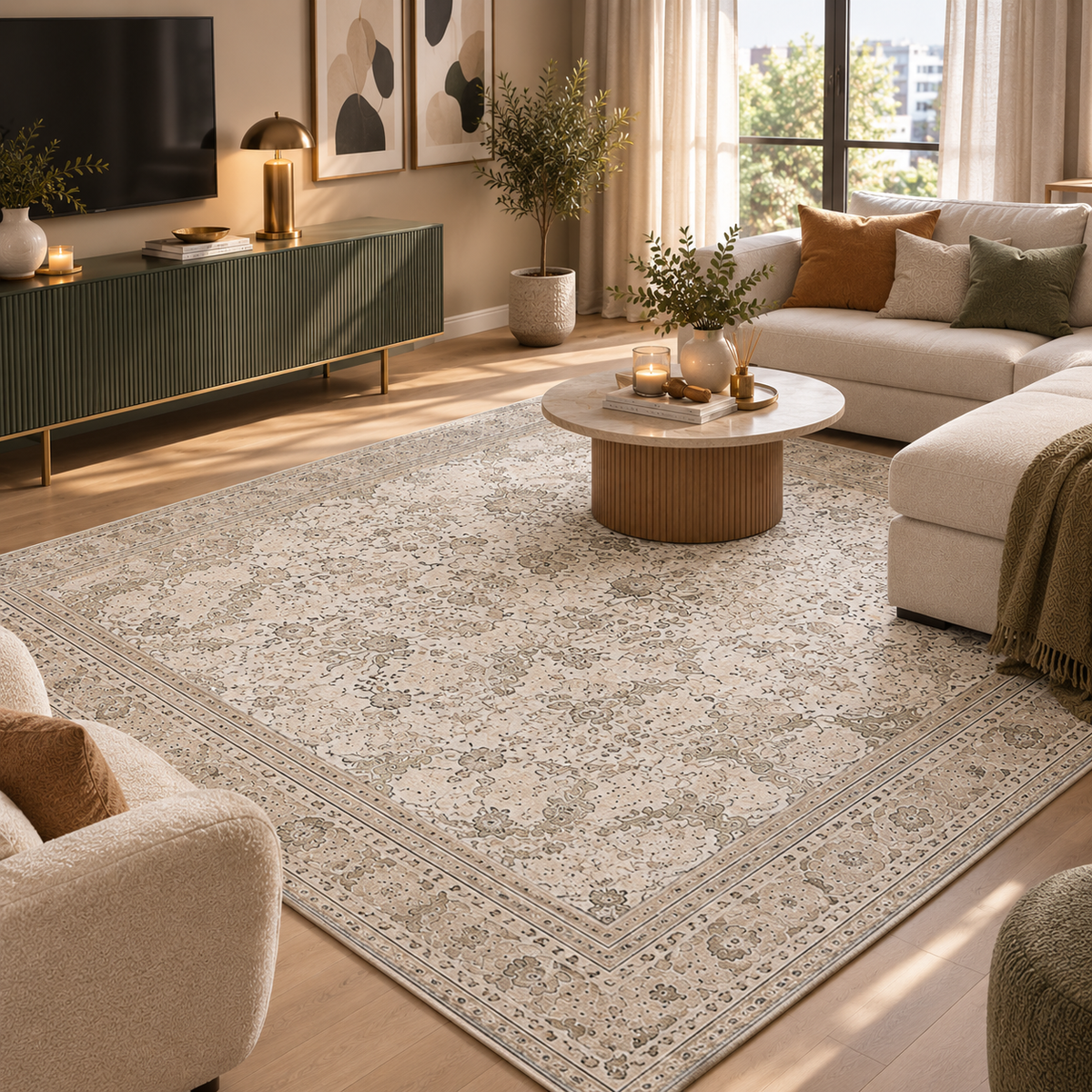 Tapis ÉLÉA — Tapis beige vintage à motifs floraux