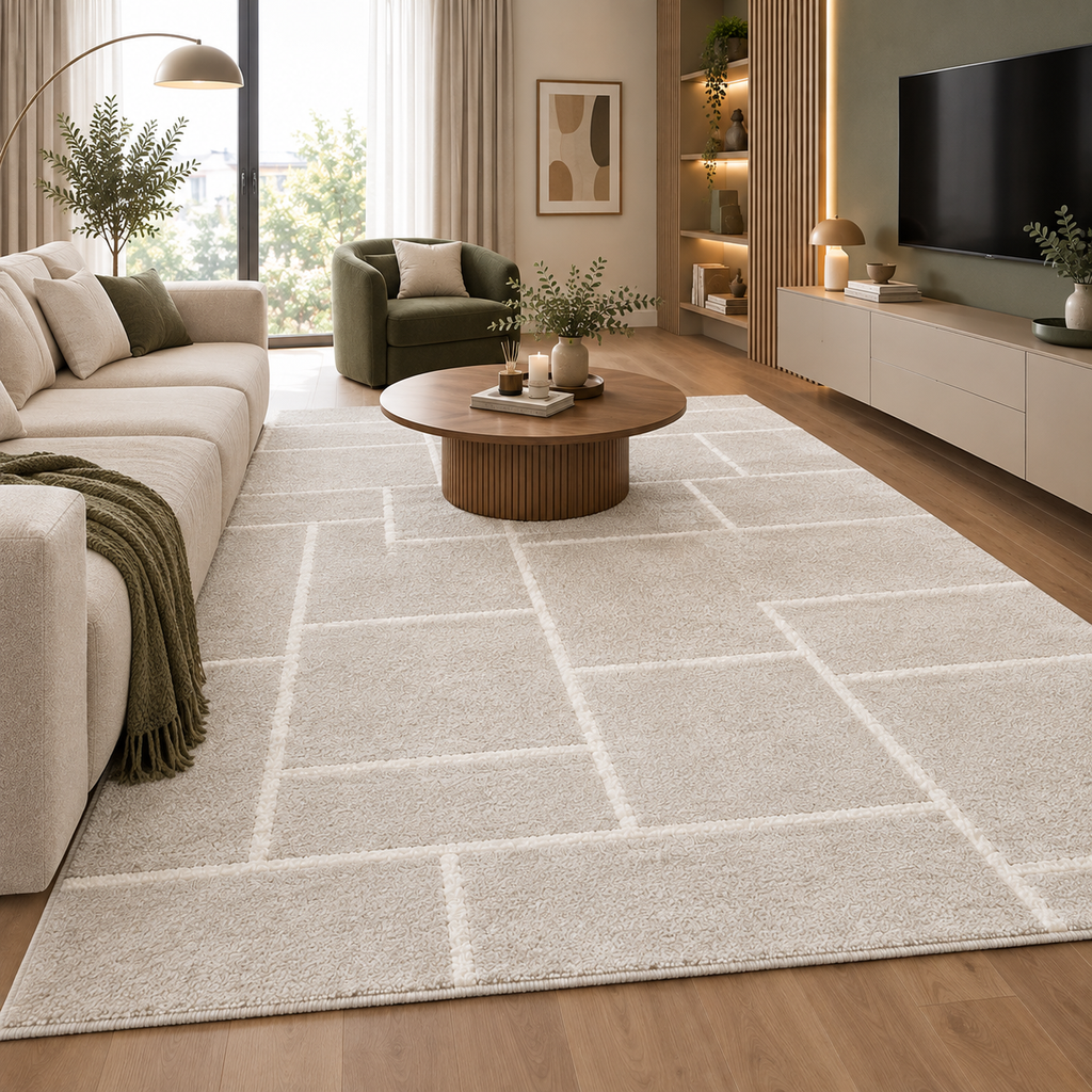 Tapis NÉA — Tapis beige crème à motif géométrique en relief