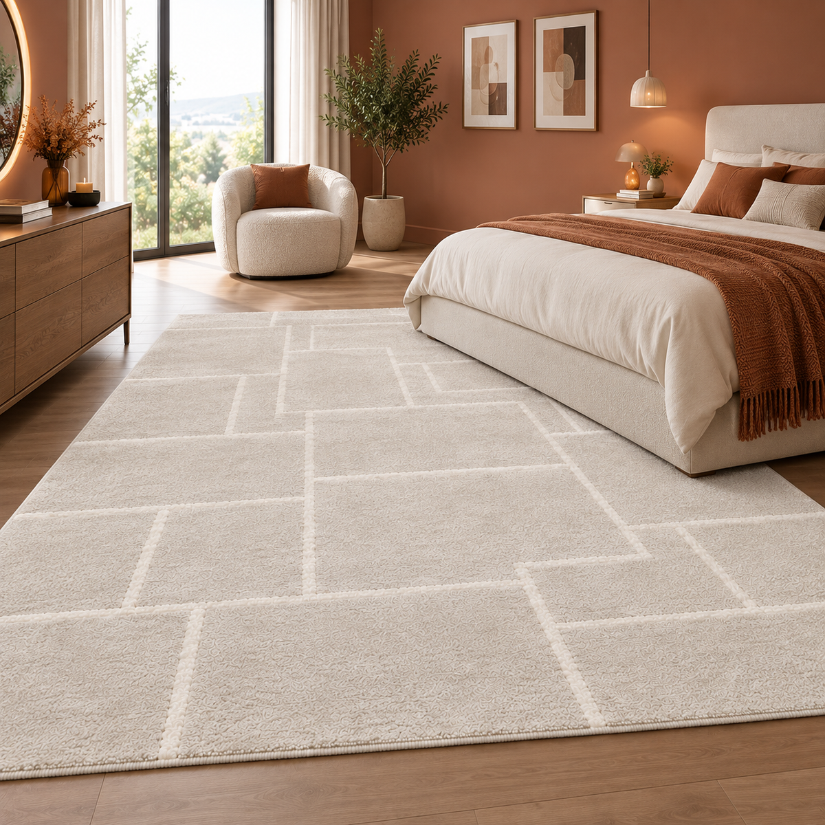 Tapis NÉA — Tapis beige crème à motif géométrique en relief