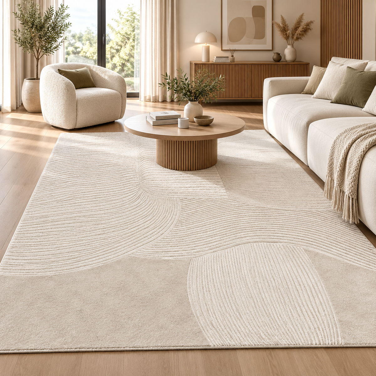 Tapis ELYA — Tapis beige écru aux lignes organiques en relief
