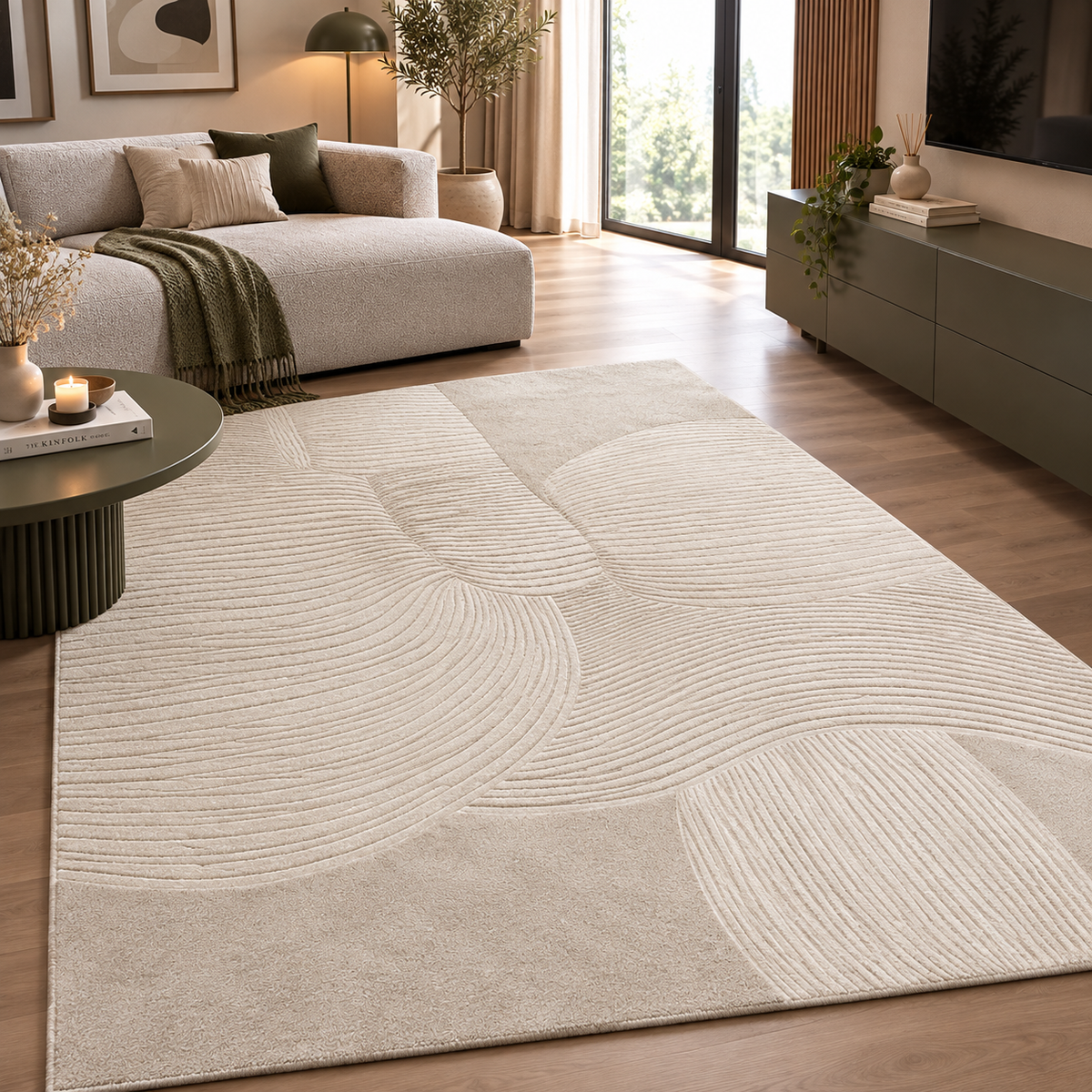 Tapis ELYA — Tapis beige écru aux lignes organiques en relief