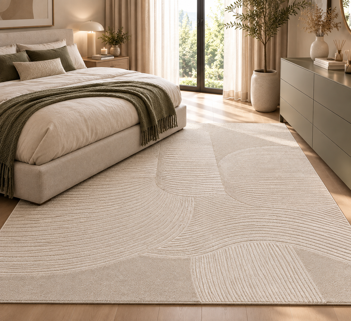 Tapis ELYA — Tapis beige écru aux lignes organiques en relief