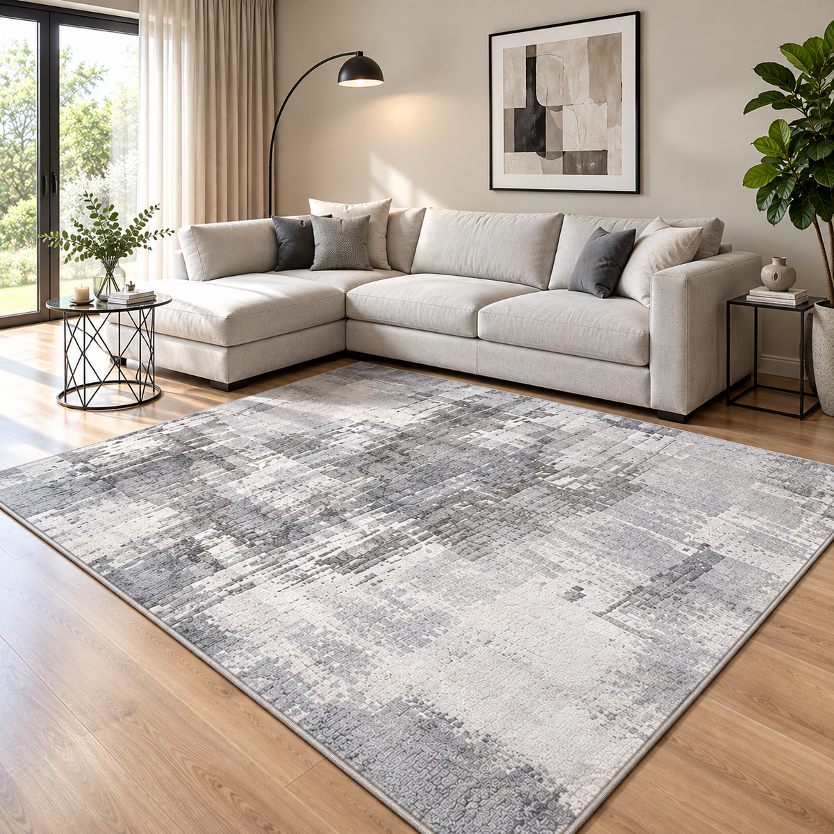 Tapis NORDEN — Tapis gris clair à motif abstrait contemporain