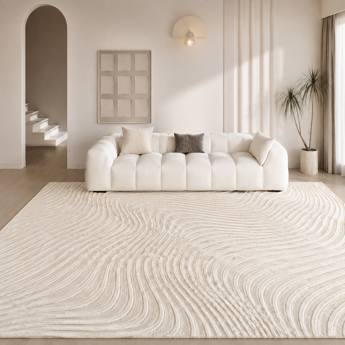 Tapis NAYA — Tapis beige crème à motif ondulé en relief