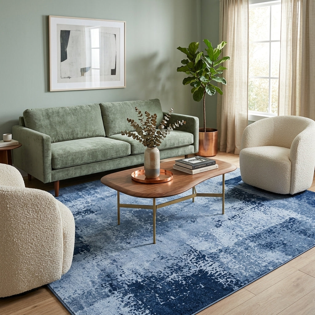 Tapis AZUR — Tapis bleu contemporain à motif abstrait