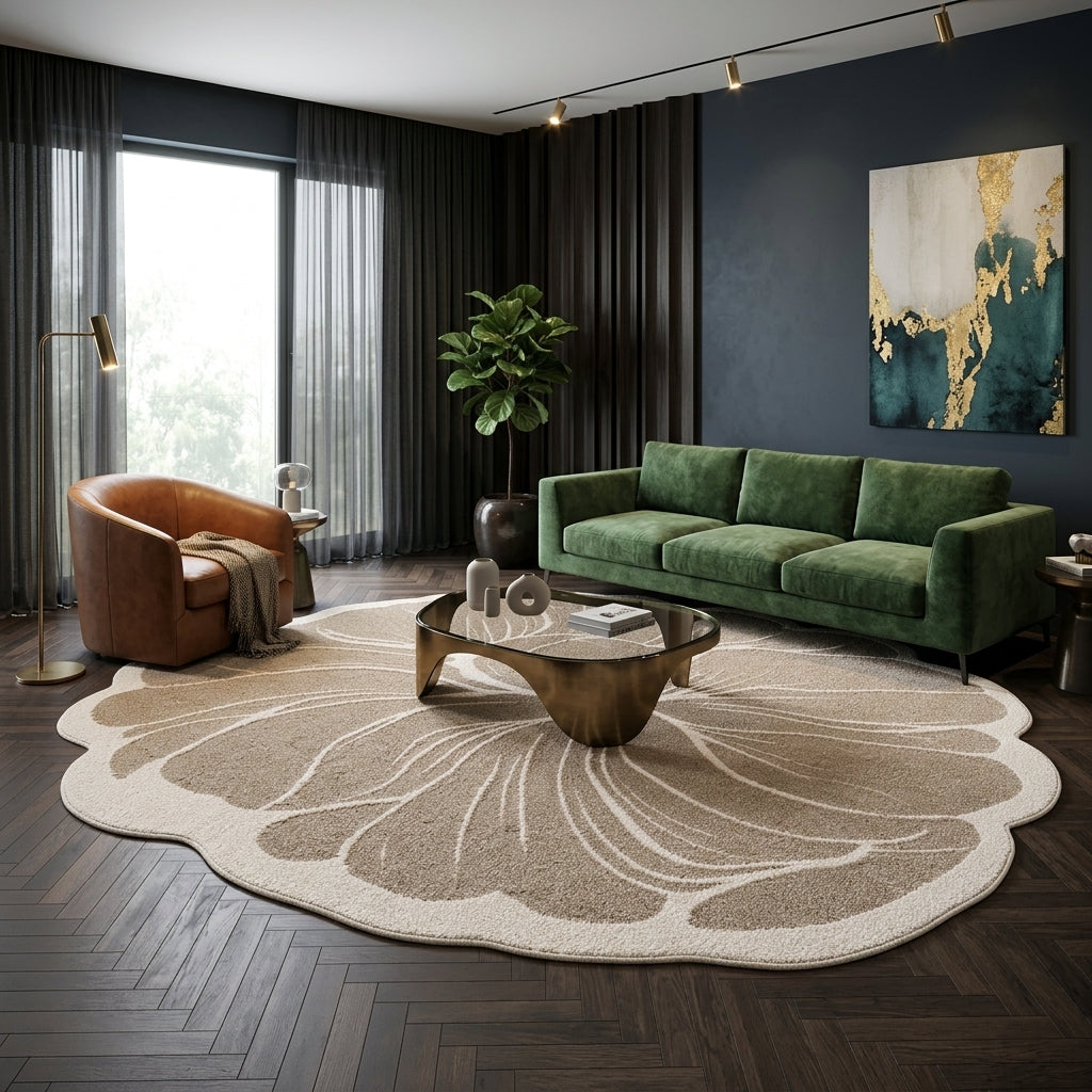Tapis FLORA — Tapis beige en forme de fleur au motif organique