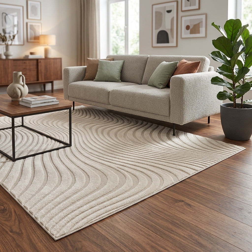 Tapis NAYA — Tapis beige crème à motif ondulé en relief