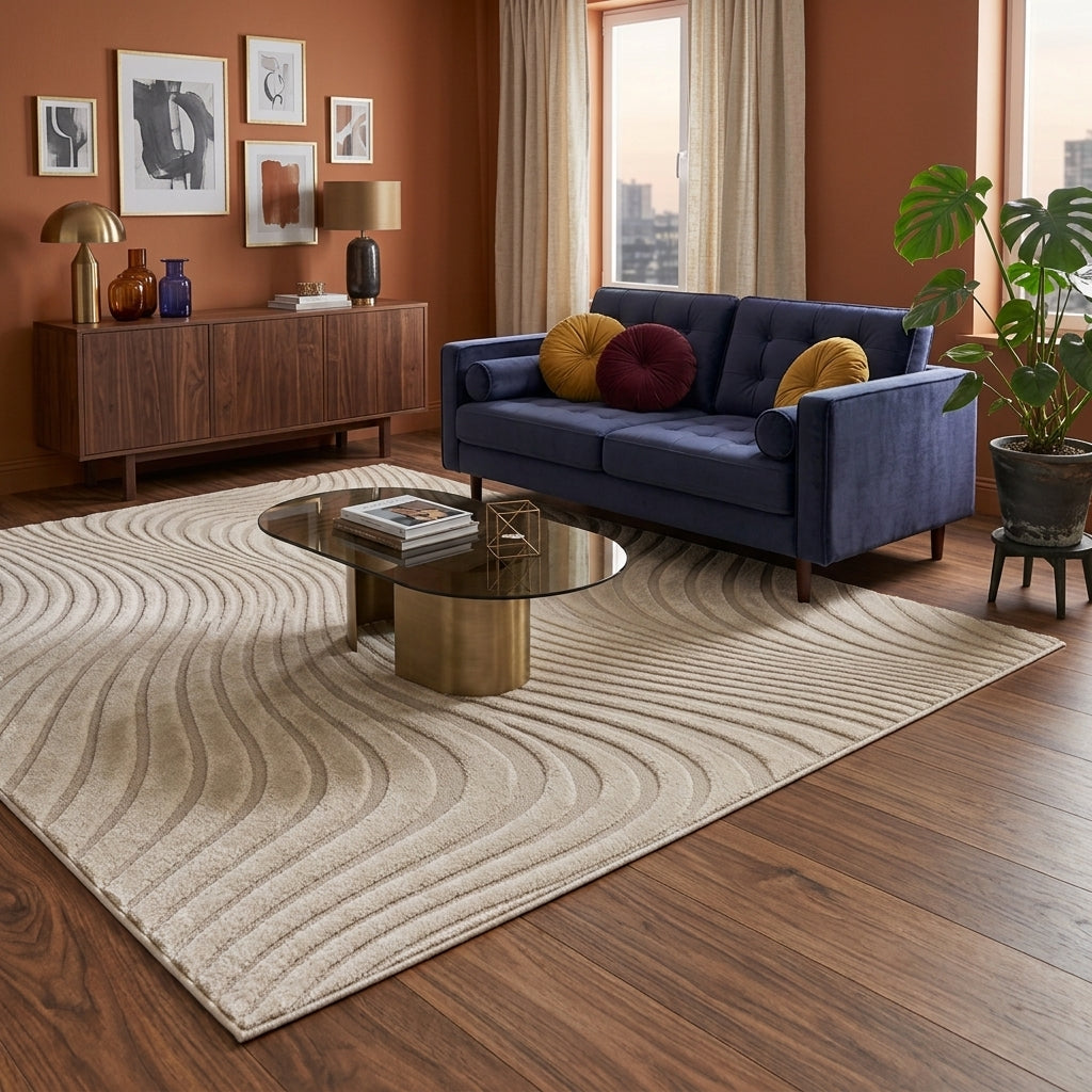 Tapis NAYA — Tapis beige crème à motif ondulé en relief