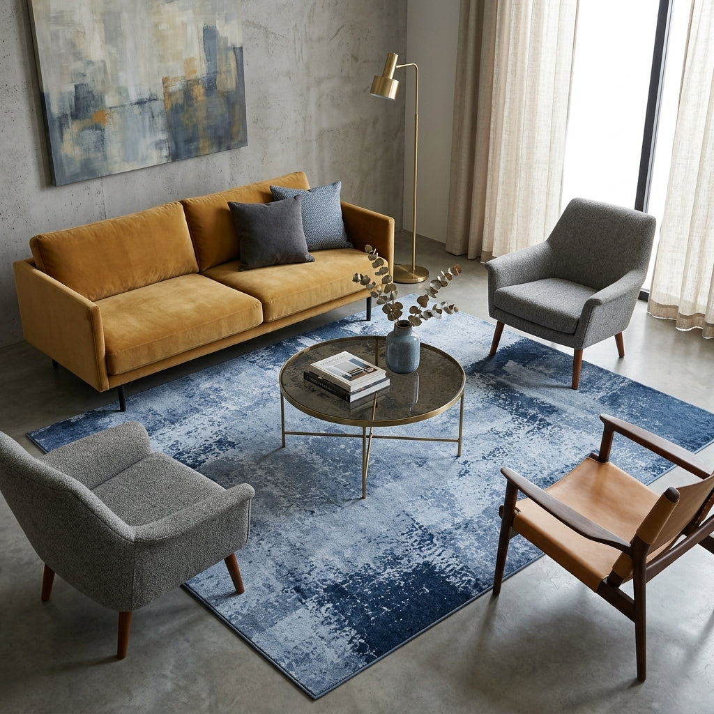 Tapis AZUR — Tapis bleu contemporain à motif abstrait